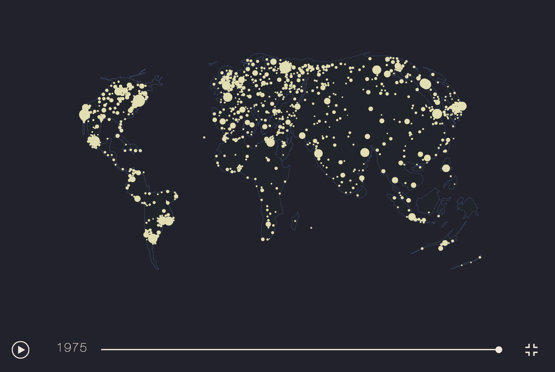 World Urban Factory, gif anim with a cartogram of the world growing over time since 1500 to 2010.